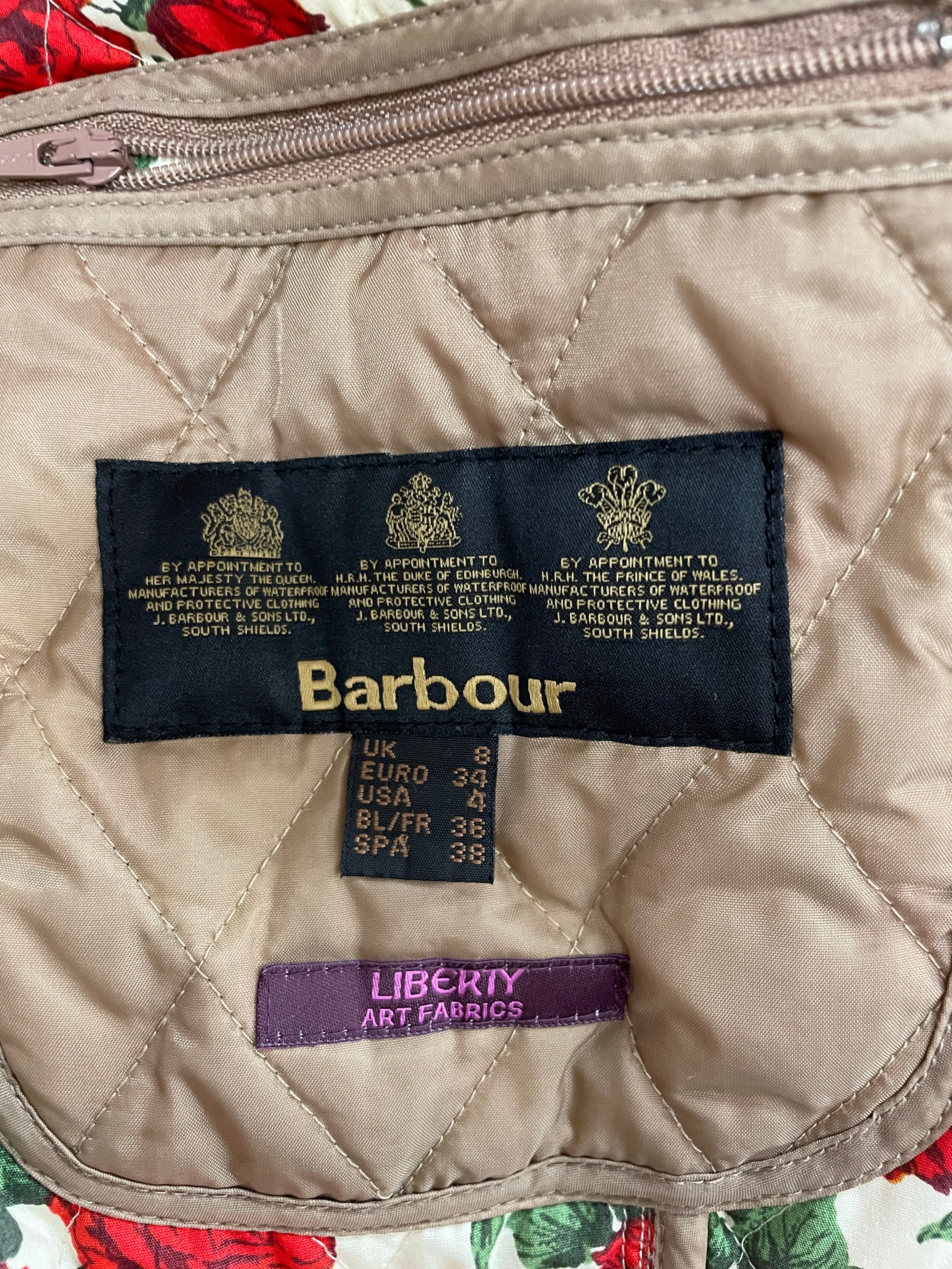 Barbour Beige Lightweight Quilted Padded Jacket with Liberty Print Lining Size 8