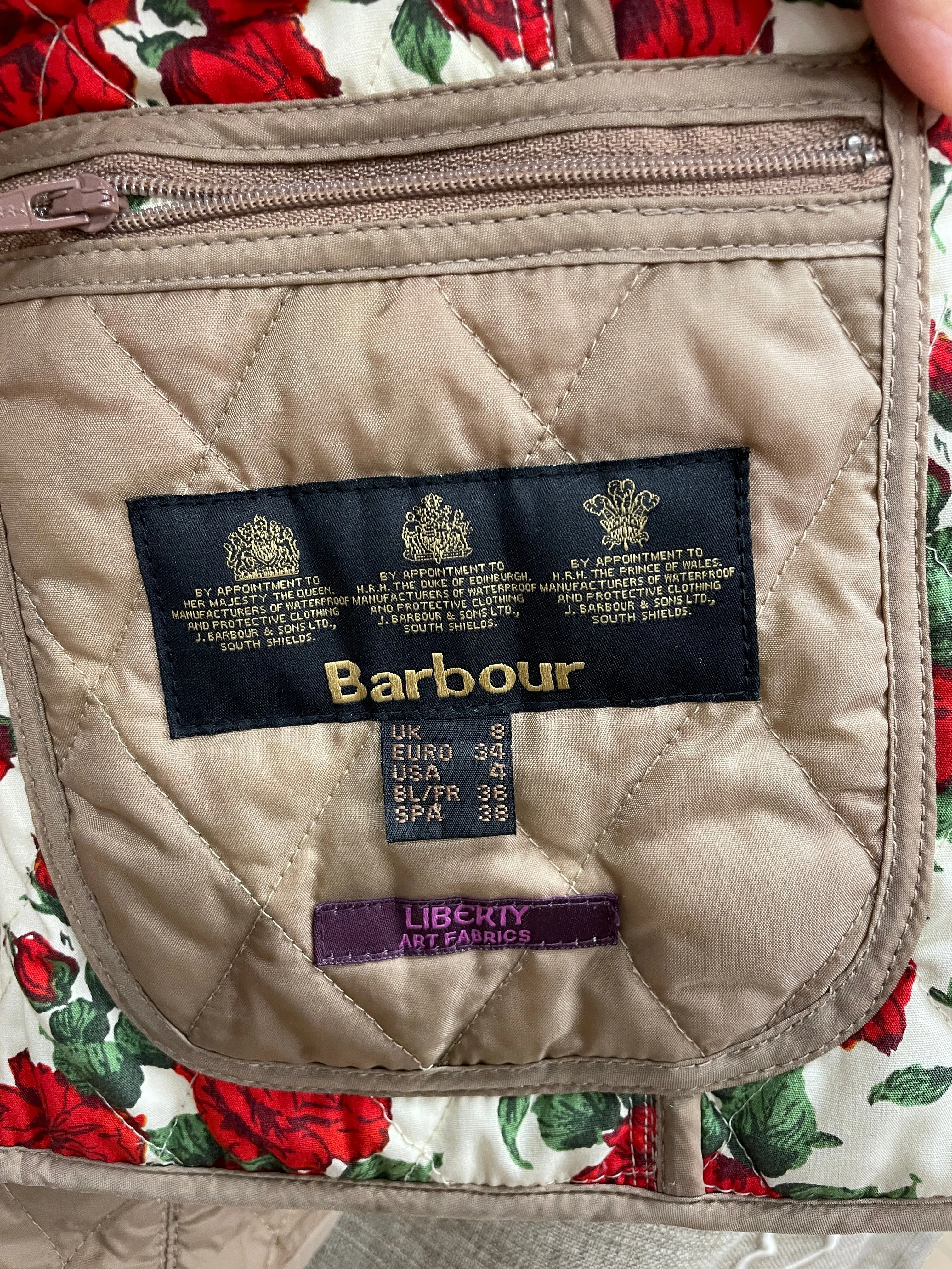 Barbour Beige Lightweight Quilted Padded Jacket with Liberty Print Lining Size 8