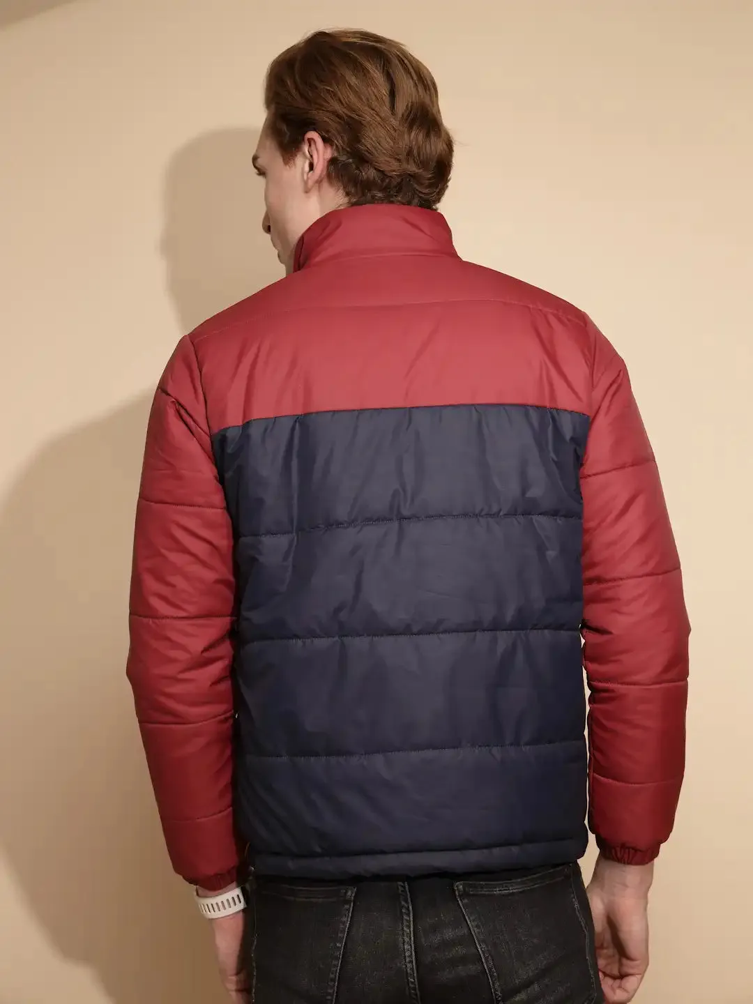 Men Red and Yellow Color Block Full Sleeve Turtle Neck Polycotton Jacket