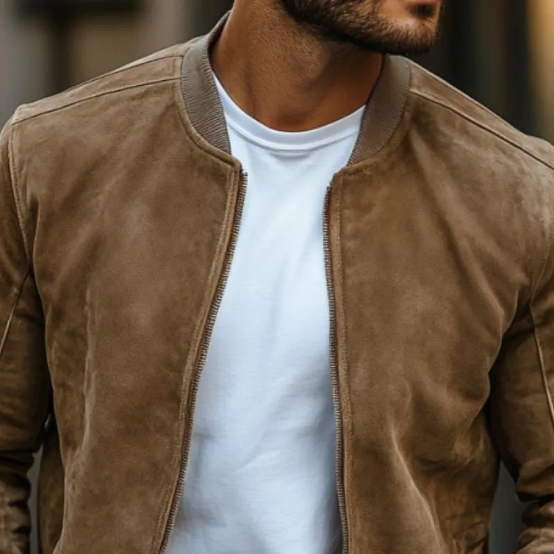 Men's Classic Casual Solid Color Ribbed Collar Zip-Up Suede Jacket 85910807K