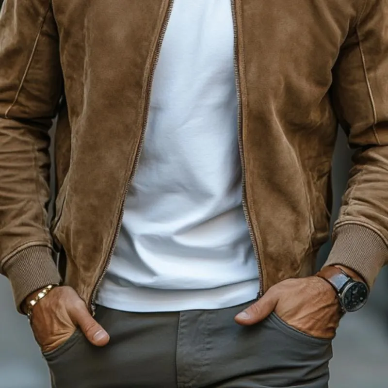 Men's Classic Casual Solid Color Ribbed Collar Zip-Up Suede Jacket 85910807K