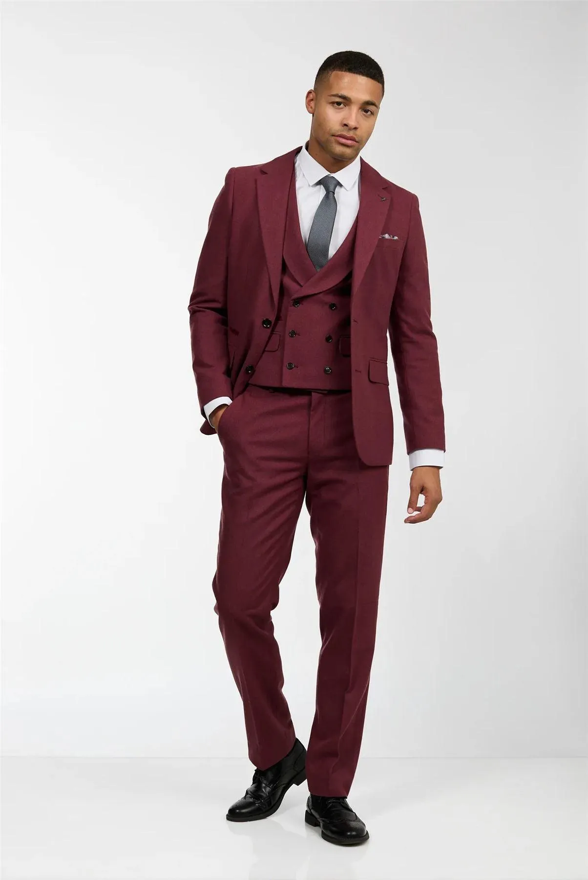 Mens Wool 3 Piece Burgundy Red Suit Double Breasted Wedding Party Vintage 1920s