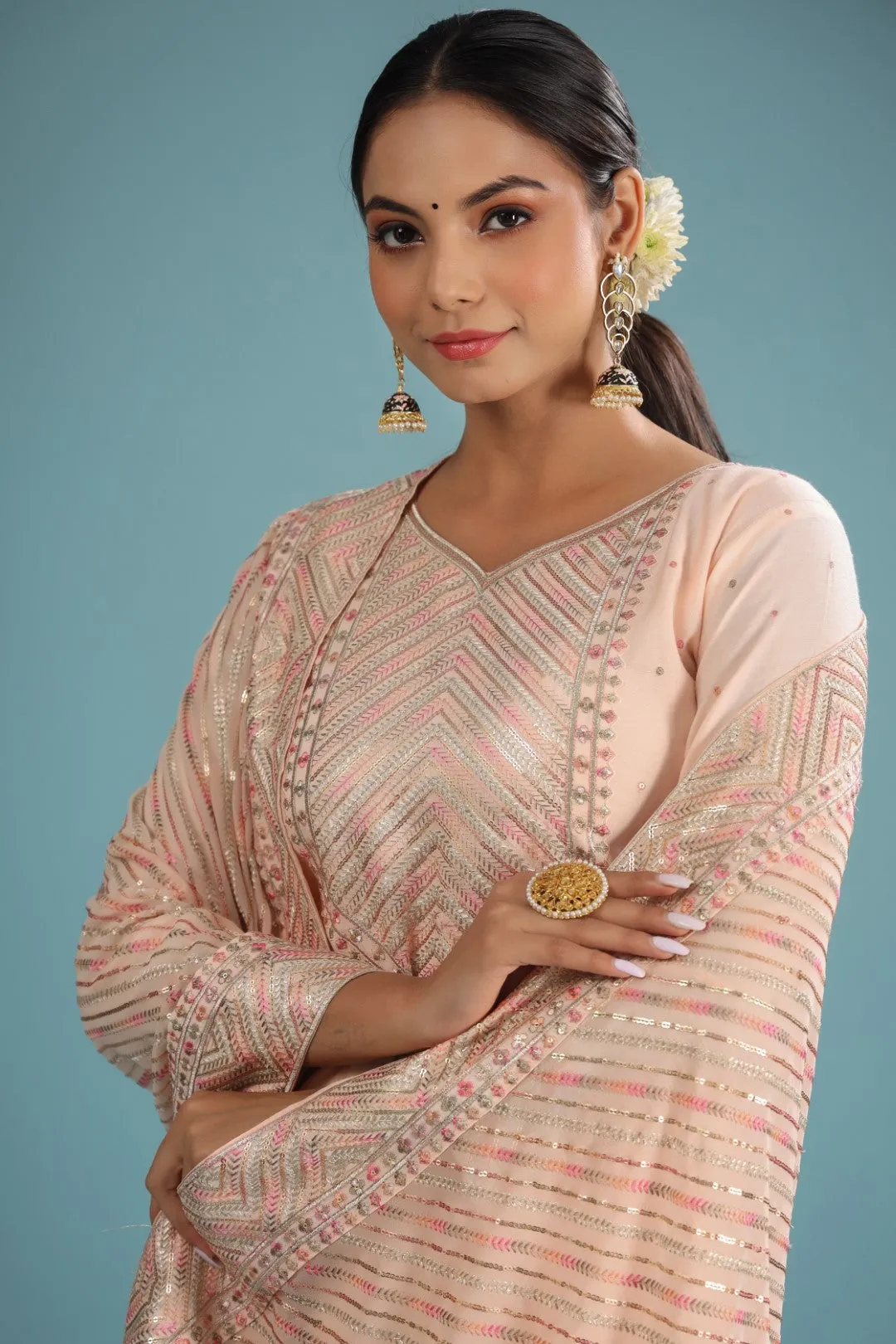 Peach Chanderi Resham Zari Embroidered Suit Set