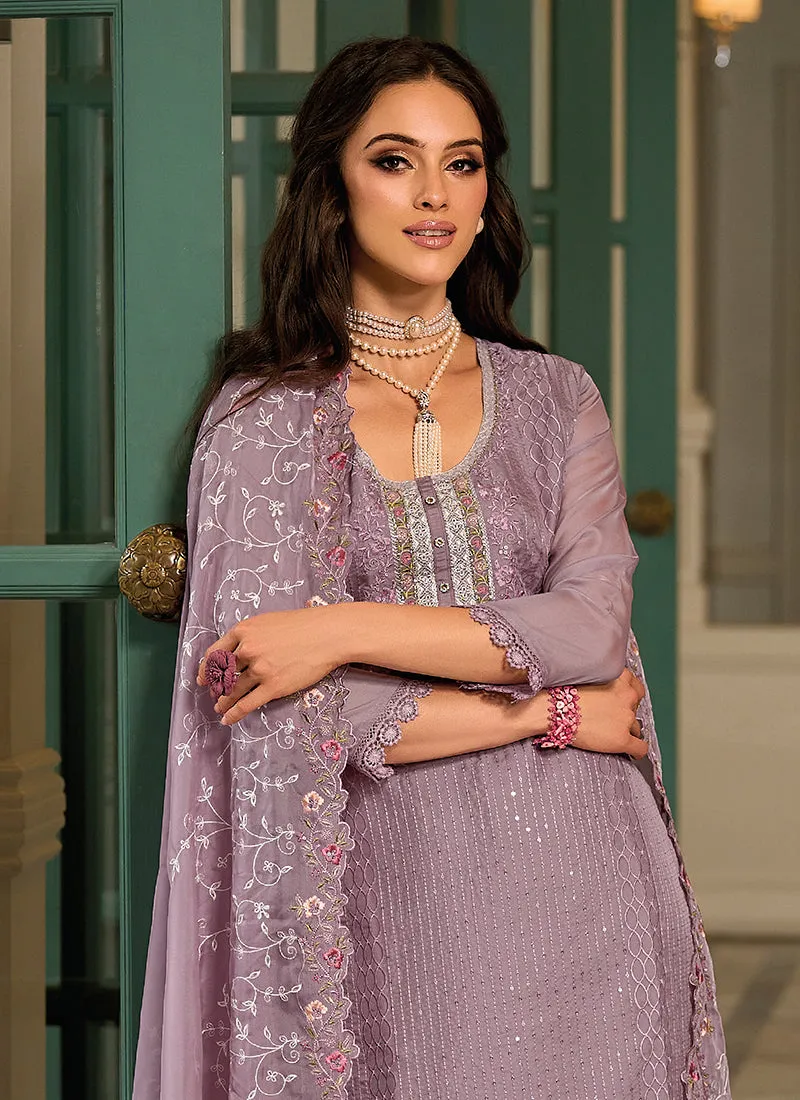 Purple Sequence Embroidery Traditional Pant Style Suit