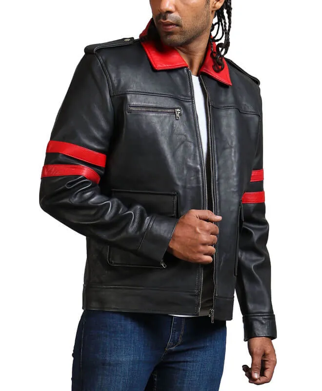 Red Collar Black Leather Jacket