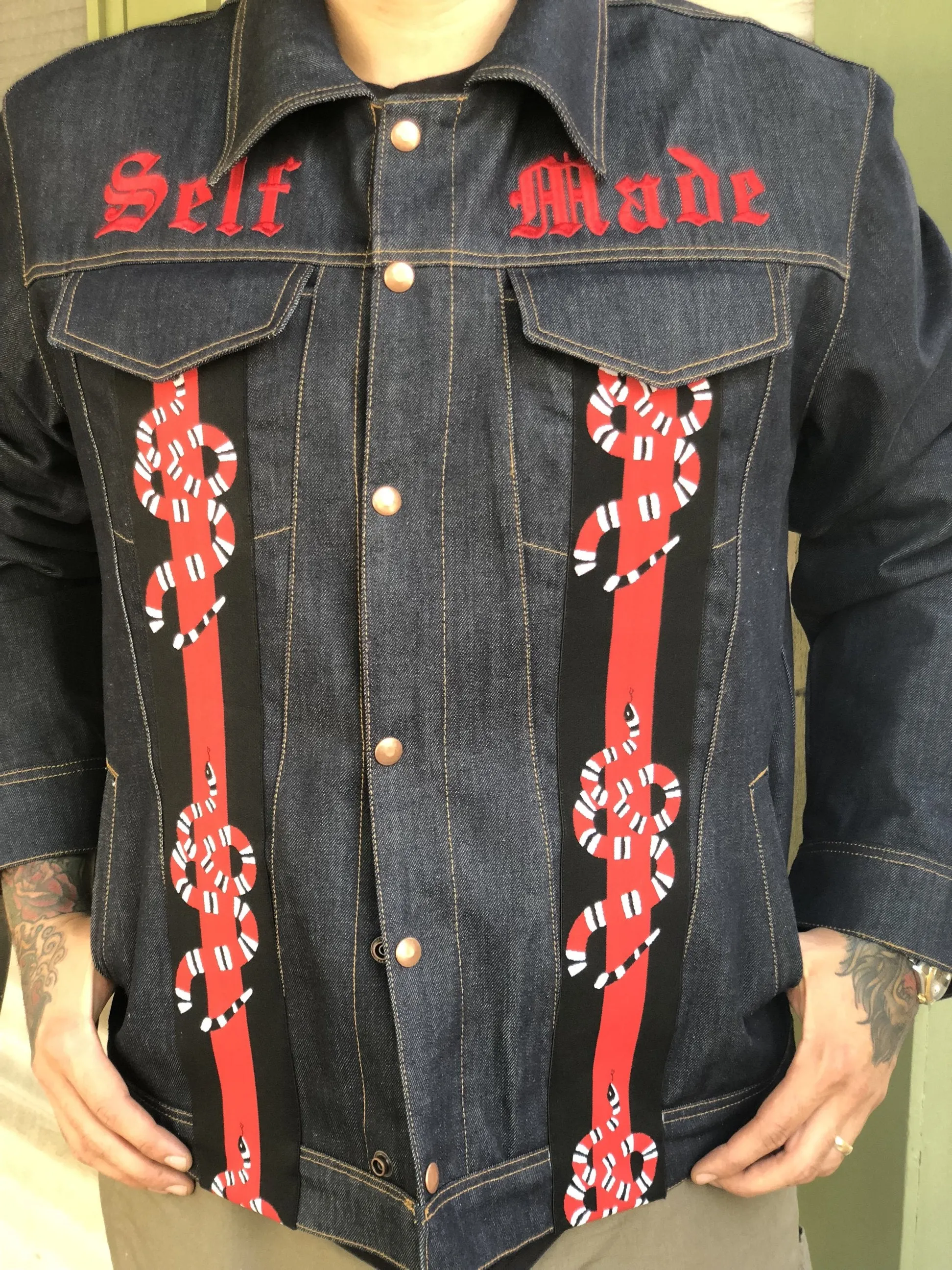 “SELF MADE” PATCHED UP DENIM JACKET